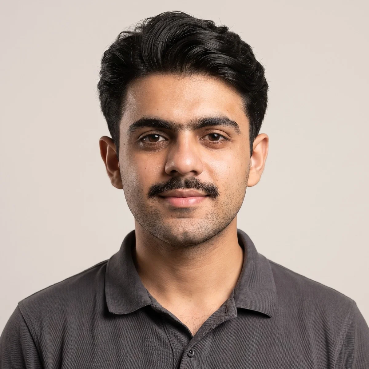 Muhammad Abdullah, studio portrait in a charcoal polo shirt.